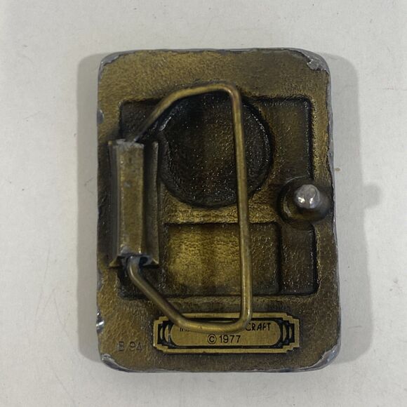 Vintage Distressed Brass Belt Buckle Indiana Metal Craft Train Locamotive 2.5” - Picture 2 of 4